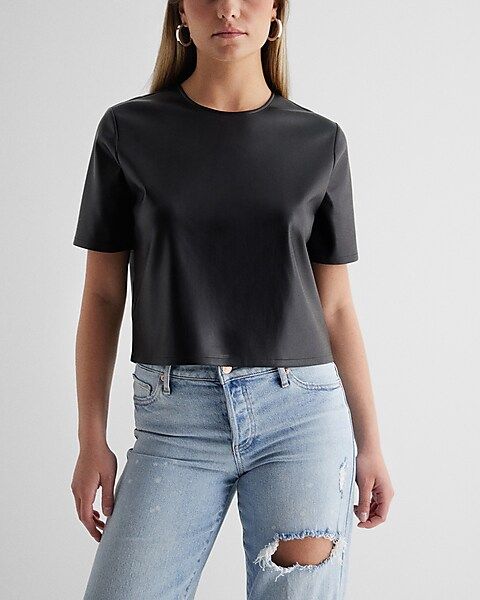 Skimming Faux Leather Crew Neck Boxy Tee | Express