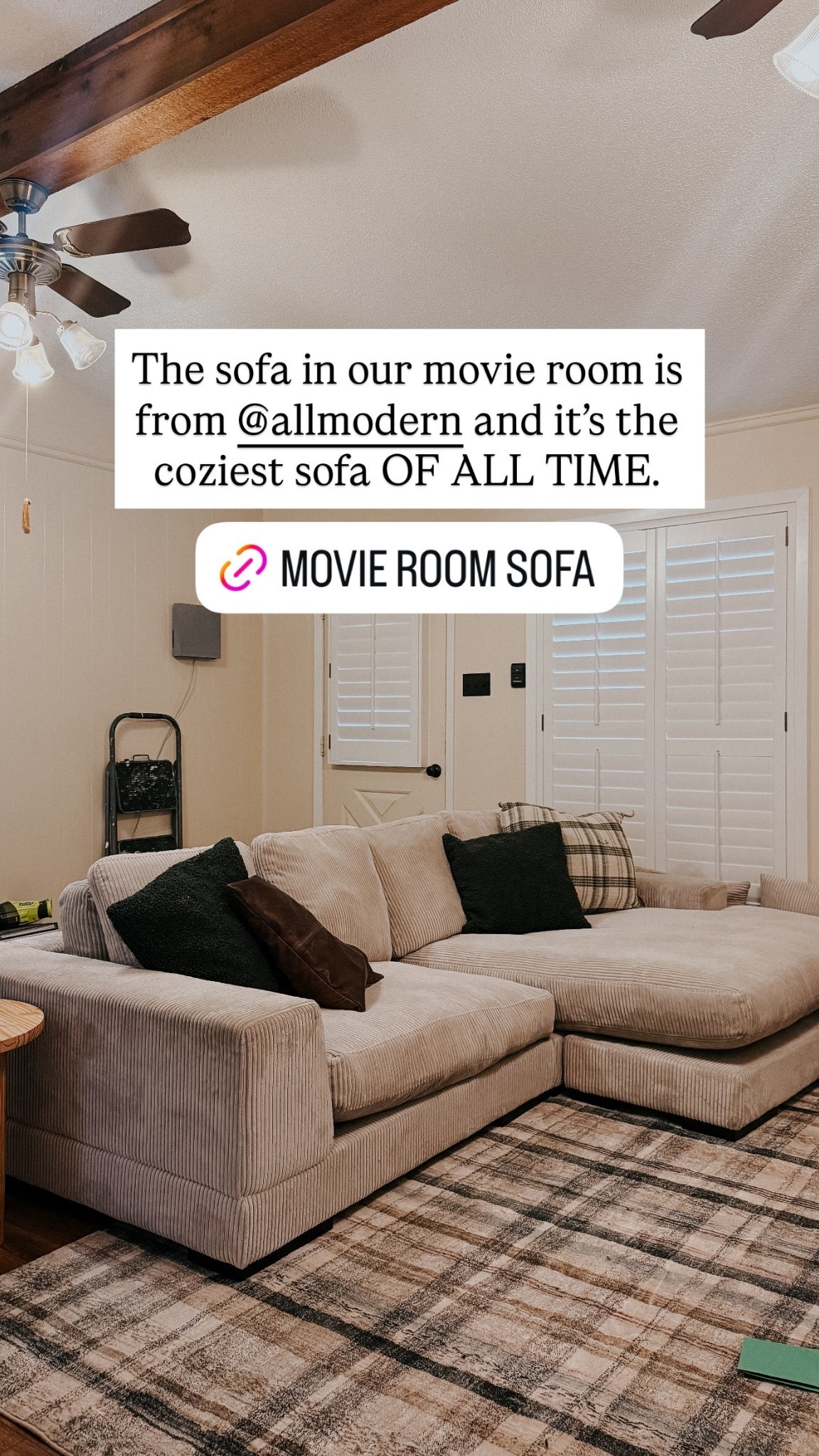 The sofa in our movie room is from @allmodern and it’s the coziest sofa OF ALL TIME.