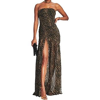 Women Tube Top Dress Tiger Stripe Mesh Patchwork Maxi Dress Strapless Sexy High Slit Long Dresses... | Amazon (US)