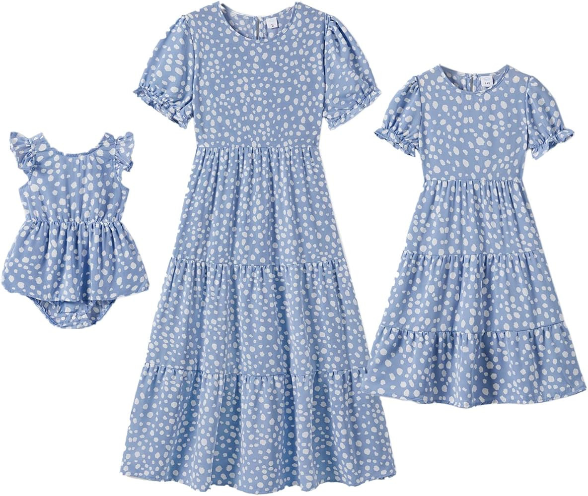 IFFEI Mommy and Me Dresses Summer Casual Boho Matching Outfits Ruffle Puff Sleeve High Waist Midi... | Amazon (US)