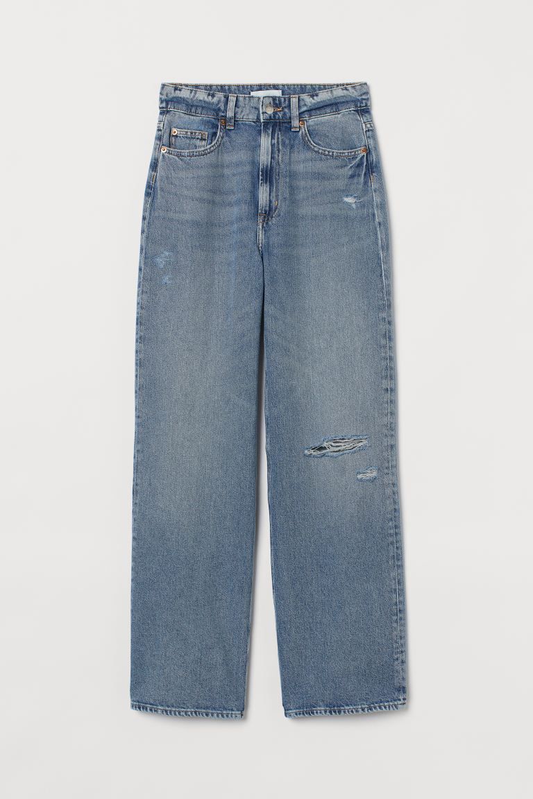 5-pocket jeans in washed cotton denim with worn details. Slightly looser fit with a high waist an... | H&M (UK, MY, IN, SG, PH, TW, HK)