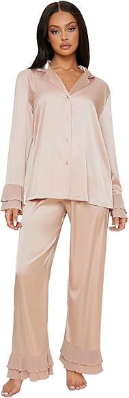 Verdusa Women's Satin Notch Collar Blouse and Ruffle Hem Pants PJ Set | Amazon (US)