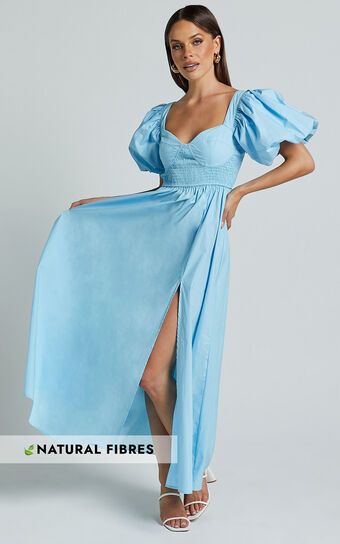 Raiza Midi Dress - Shirred Waist Puff Sleeve Dress in Aqua | Showpo (US, UK & Europe)