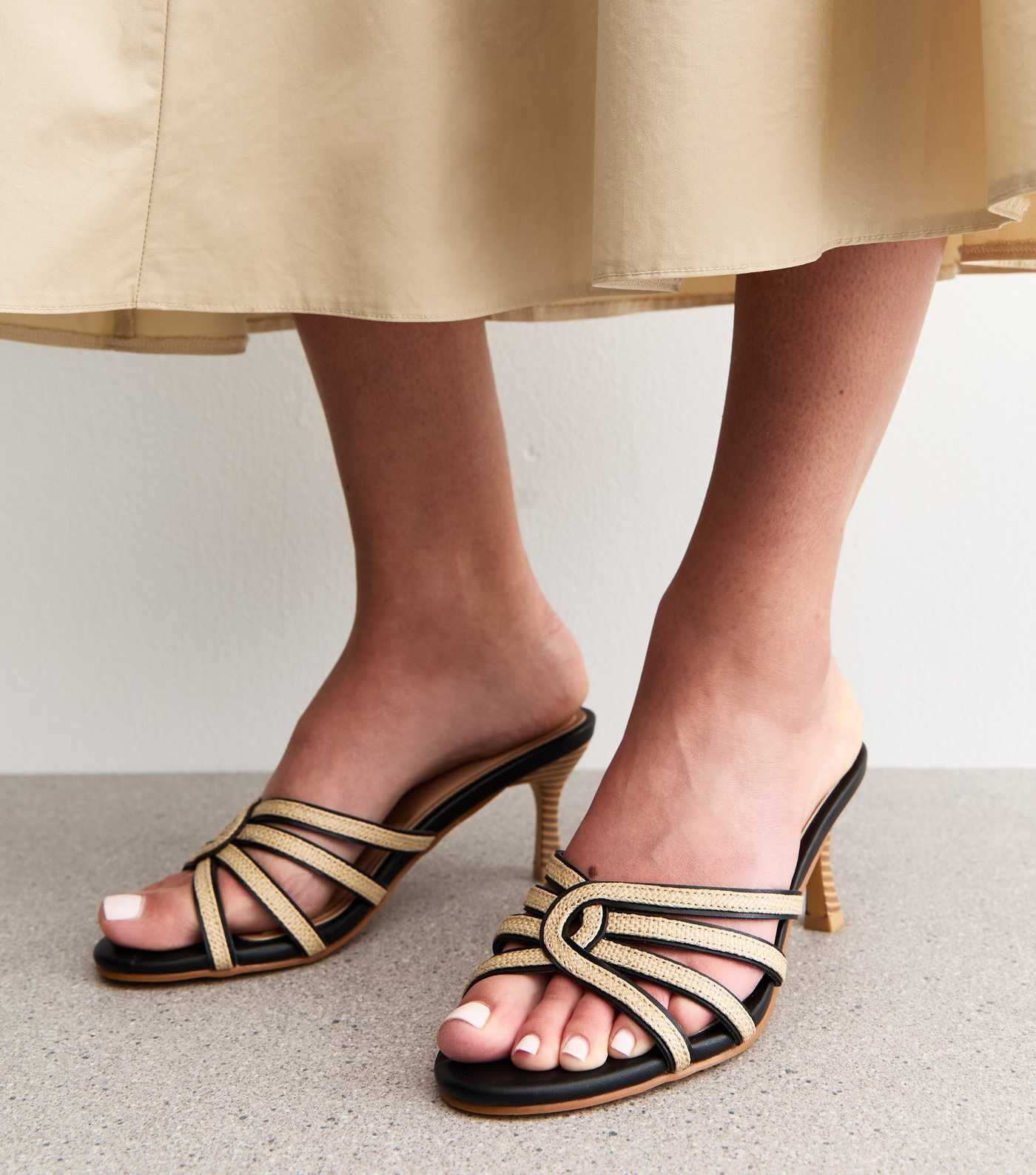 Wide Fit Black Raffia Look Kitten Heel Sandals | New Look | New Look (UK)
