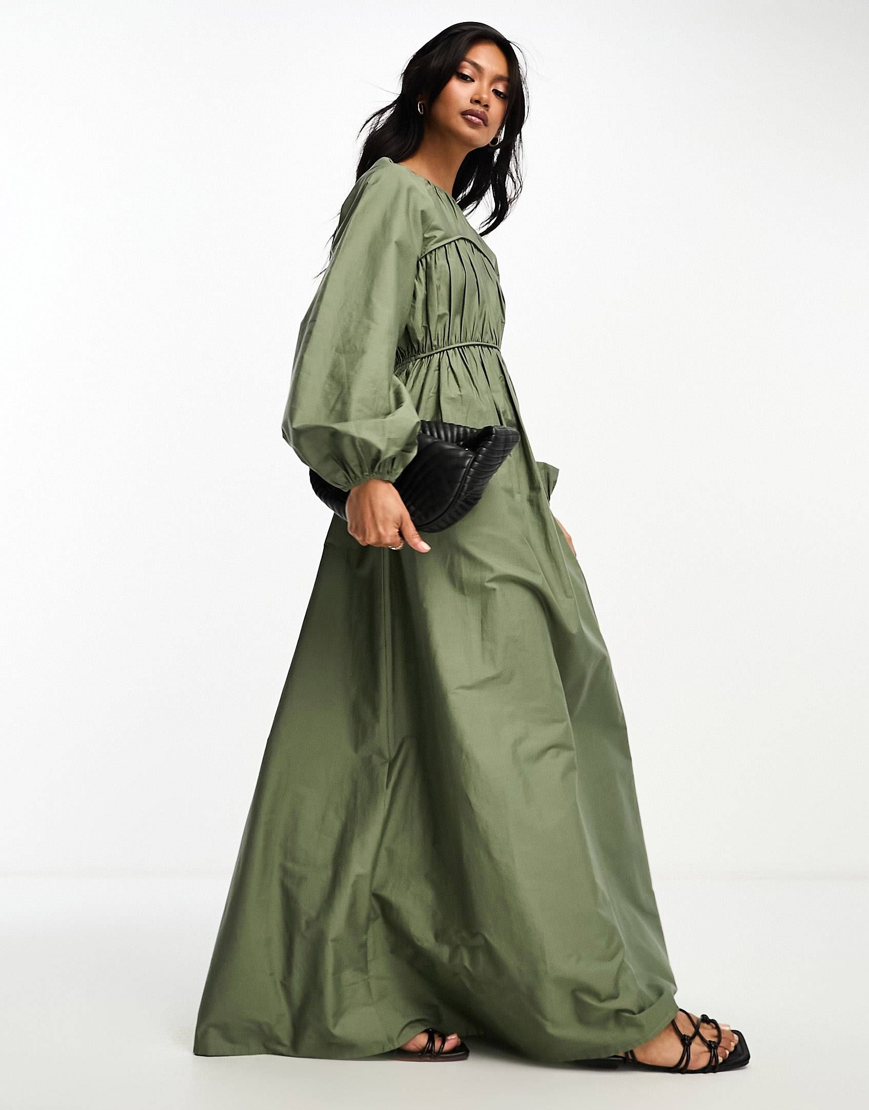 ASOS DESIGN cotton poplin maxi dress with ruched bust detail in olive    | ASOS | ASOS (Global)