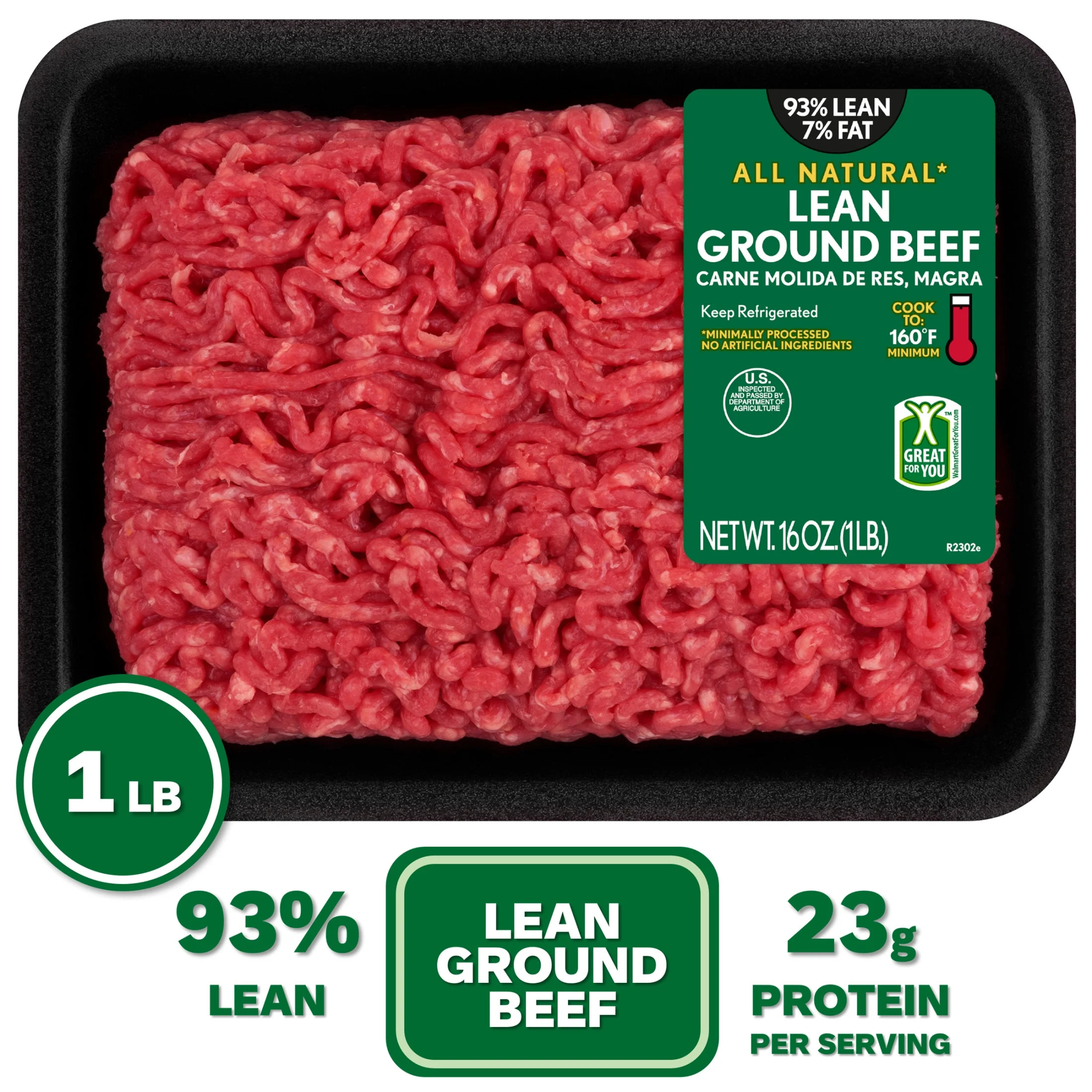 93% Lean / 7% Fat Lean Ground Beef, 1 lb Tray, Fresh, All Natural* | Walmart (US)