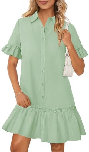 MEROKEETY Women's 2026 Summer Casual Shirt Dress Button Down Ruffle Sleeve Shift Mini Dresses wit... | Amazon (US)