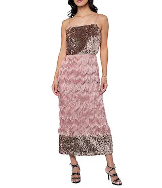 CIEBON Oliviera Fringe Mesh Column Sequin Straight Neckline Sleeveless Midi Dress | Dillard's | Dillard's