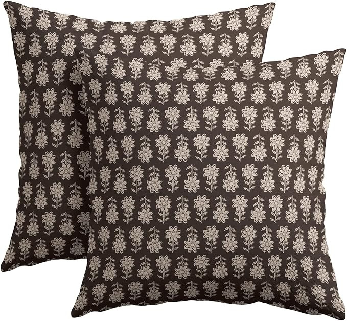 Kawani Vintage Pillow Covers 18x18 Inch Set of 2 Dark Brown Floral Block Print Outdoor Decorative... | Amazon (US)