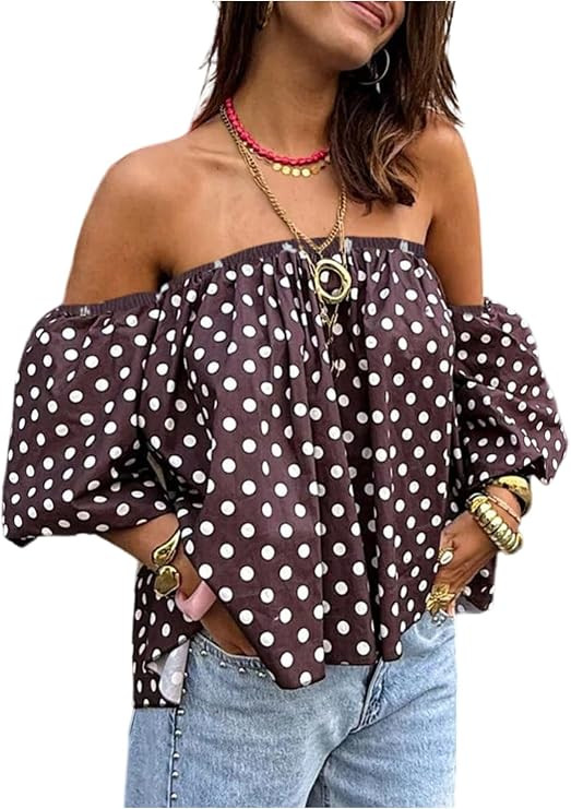 GORGLITTER Women's Polka Dots Off The Shoulder Tops Puff Sleeve Blouse | 3/4 Sleeve Off Shoulder ... | Amazon (US)