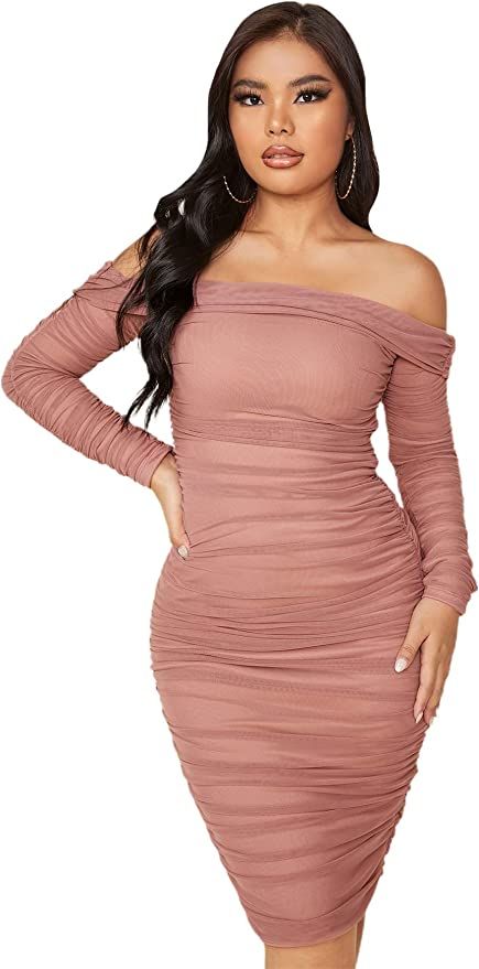 Floerns Women's Off Shoulder Ruched Long Sleeve Mesh Bodycon Pencil Dress | Amazon (US)