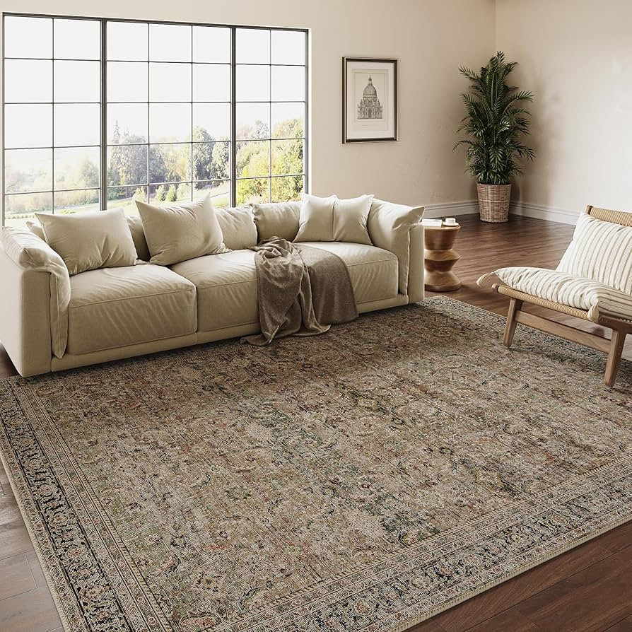 8x10 Washable Area Rug Brown Vintage Distressed Living Room Bedroom Large Throw Rug Non Slip Low ... | Amazon (US)