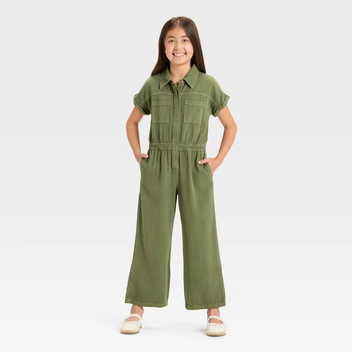Girls' Short Sleeve Jumpsuit - Cat & Jack™ Dark Olive Green S | Target