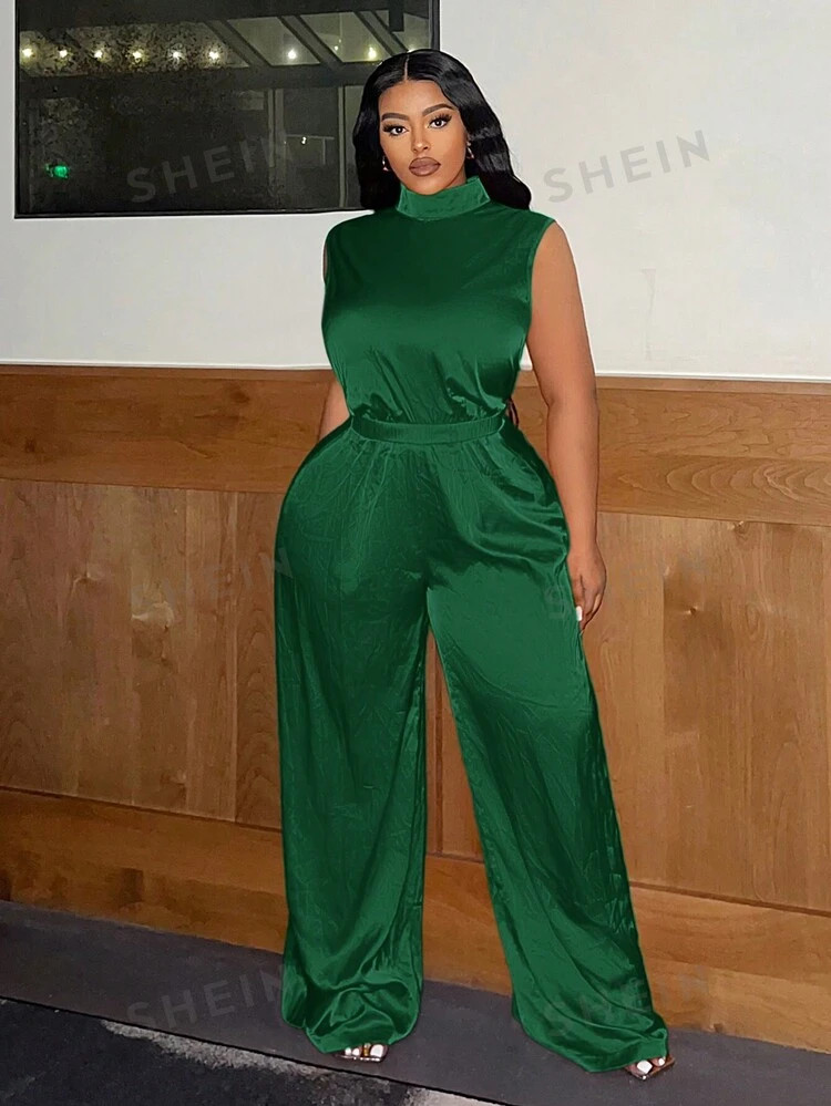 SHEIN Slayr Plus Size Women's Sleeveless Wide Leg Satin Jumpsuit - Z | SHEIN