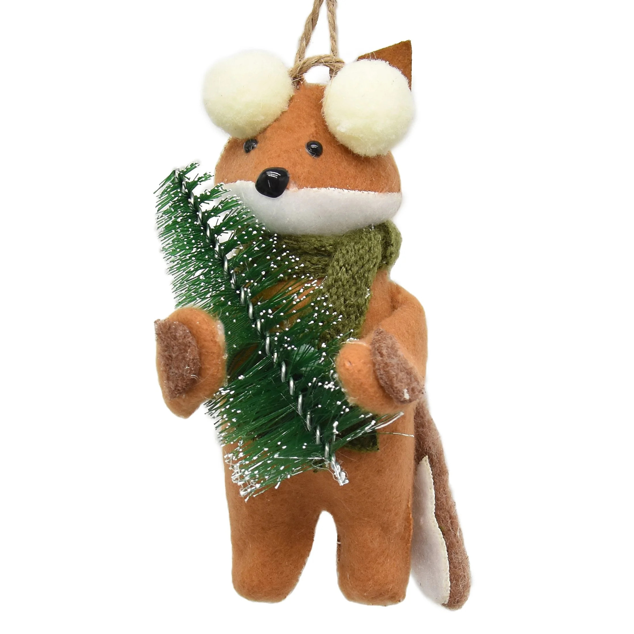 Holiday Time Brown Fabric Fox with Green Tree Festive Figurine Ornament - Walmart.com | Walmart (US)