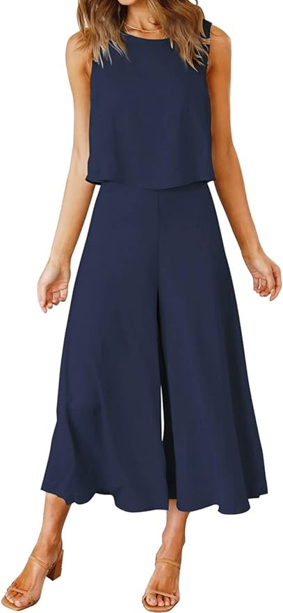 ROYLAMP Women's Summer 2 Piece Outfits Round Neck Crop Basic Top Cropped Wide Leg Pants Set Jumps... | Amazon (US)