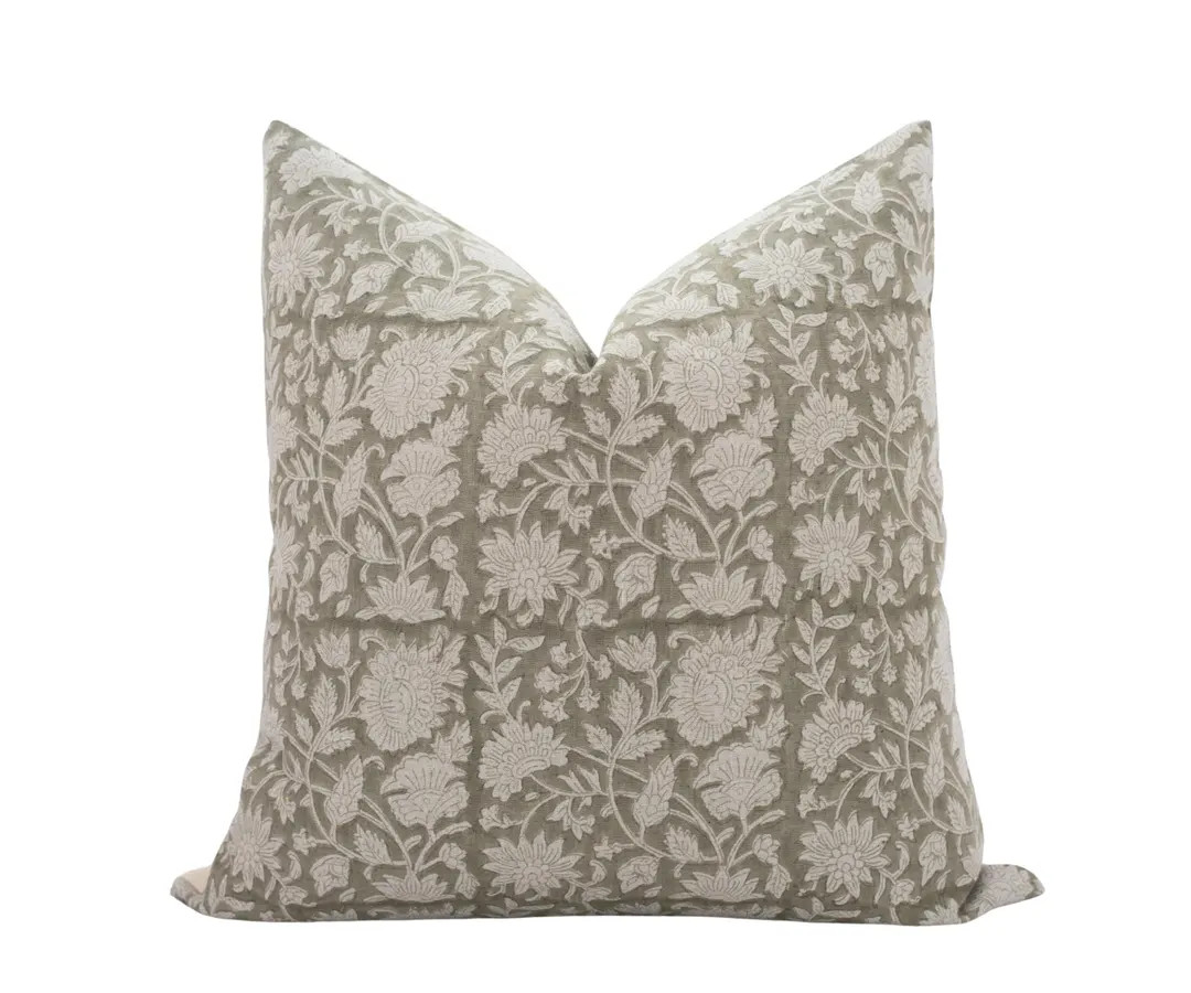 FERN || Sage Green Floral Linen Pillow Cover, Green Block Print, Farmhouse Floral, Cottage Style,... | Etsy (US)