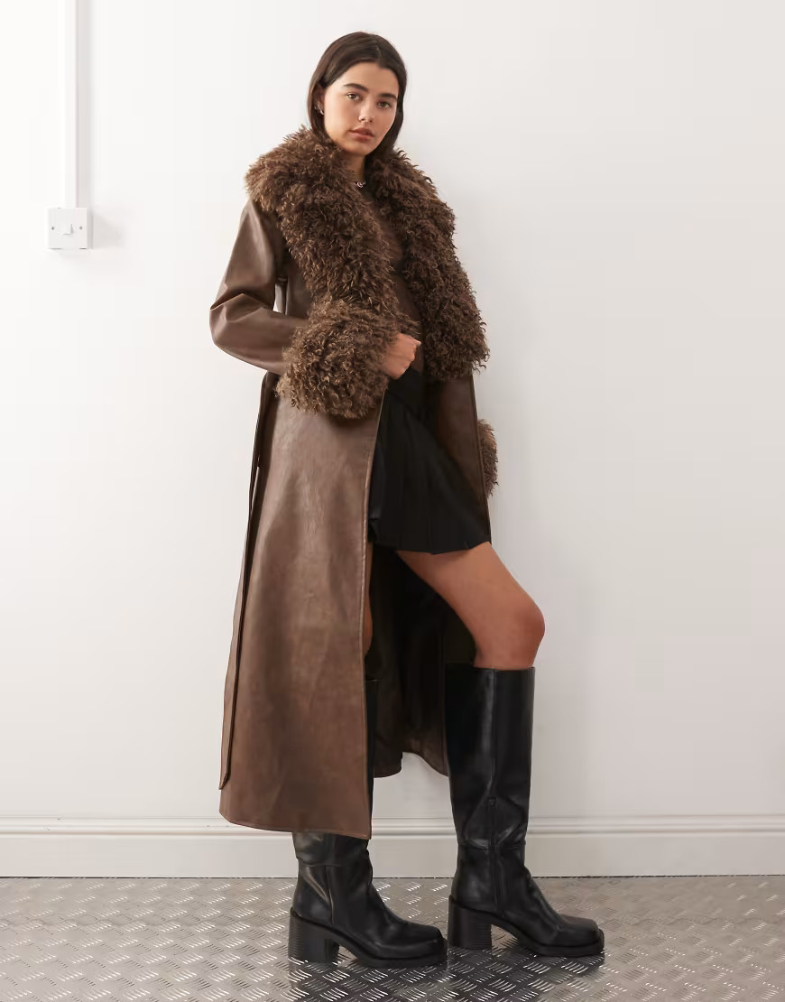Reclaimed Vintage leather look trench coat with faux fur collar and cuffs in brown | ASOS (Global)