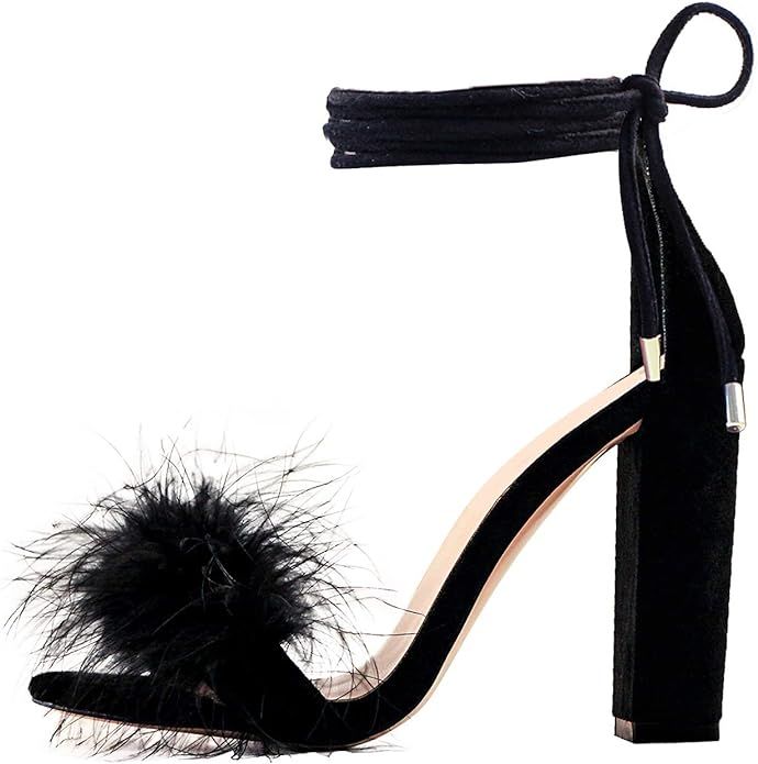 Richealnana Women's Fluffy Marabou Feather Heeled Sandals | Amazon (US)