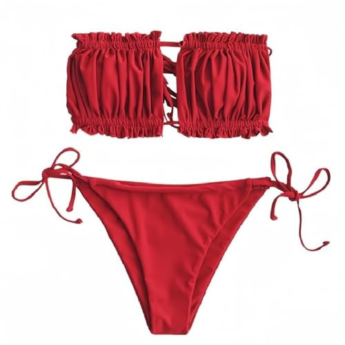 ZAFUL Womens Rib Ruched Bandeau Bikini Adjustable Tie Ruffle Cutout Sexy Swimwear Halter String Triangle Bikini Sets (2-Red, L) | Amazon (US)
