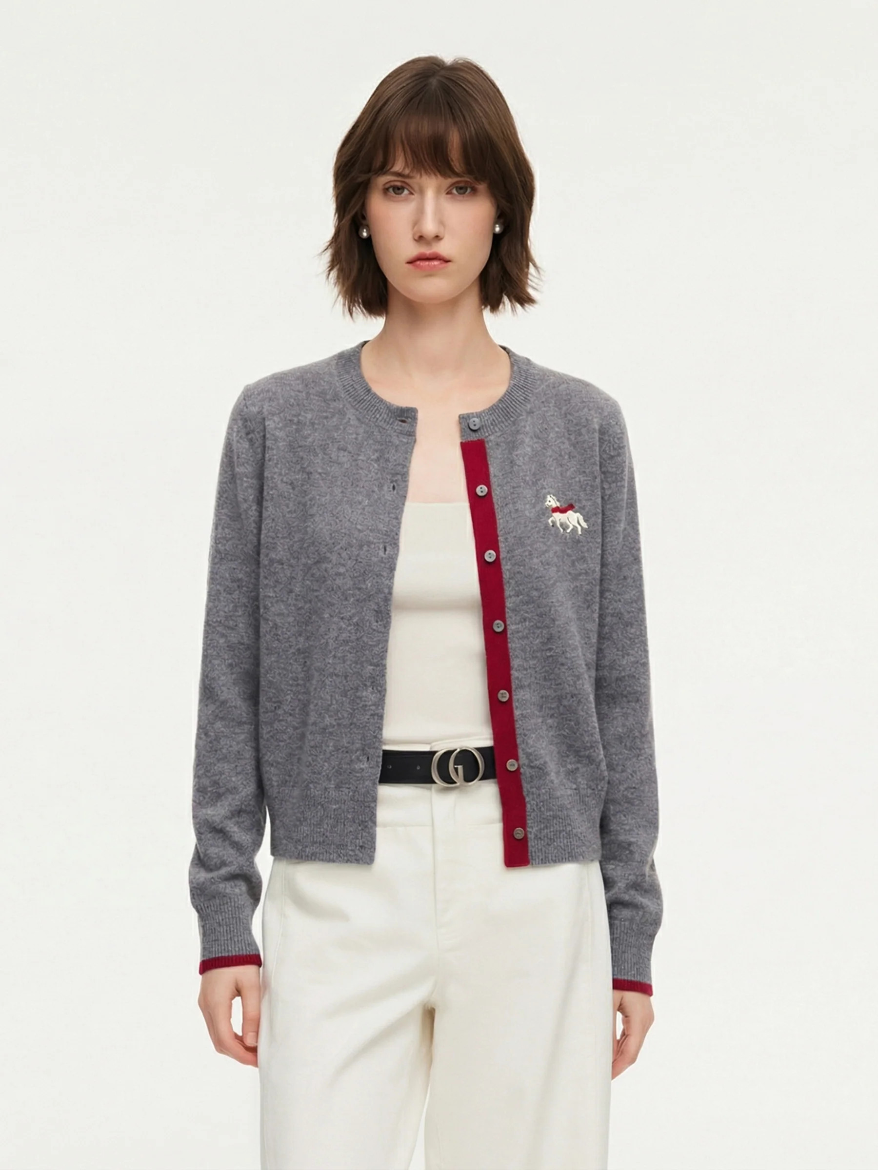 100% Wool Color Block Pony Embroidered Women Cardigan | GOELIA