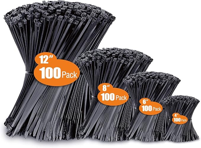 Zip Ties, Zip Ties Assorted Sizes(4”+6”+8”+12”), 400 Pack, Black Zip Ties, Cable Ties, UV... | Amazon (US)