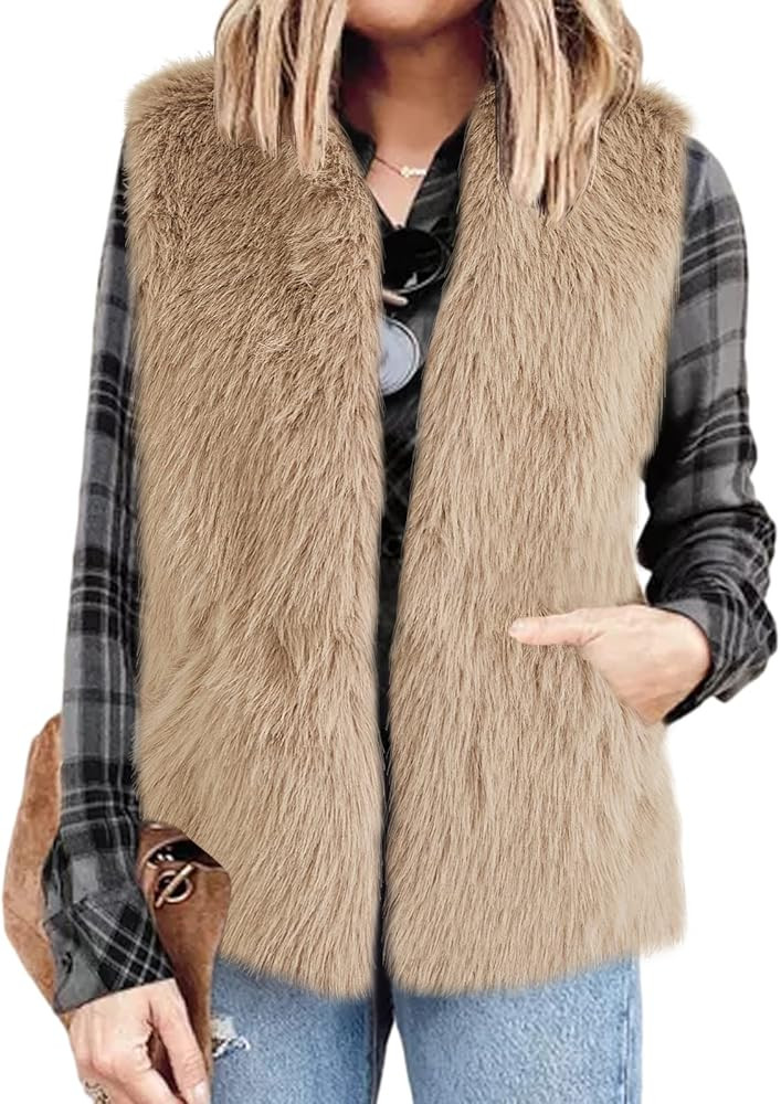 Soulomelody Women Faux Fur Vests Sleeveless Waistcoat Jacket Open Front Outwear Warm Fall Winter | Amazon (US)