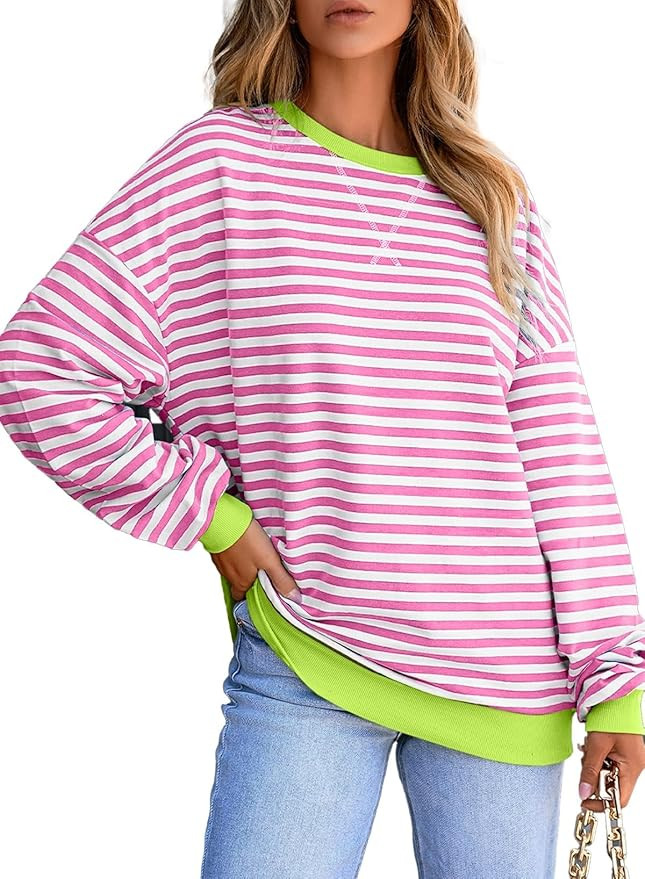 AlvaQ Womens Oversized Sweatshirt 2024 Casual Crewneck Long Sleeve Colorblock Striped Pullover Tu... | Amazon (US)