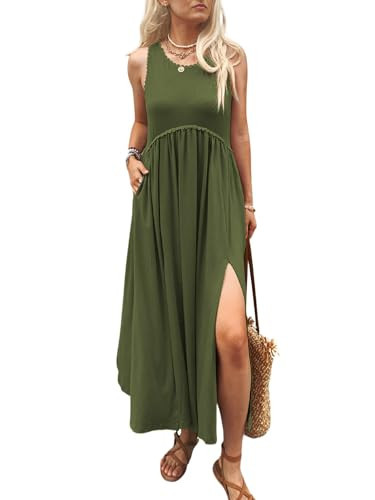 Mieazom Women's Maxi Dress Summer Sleeveless Crewneck Swing Sundress Casual Loose Long Dresses with Pockets Army Green S | Amazon (US)