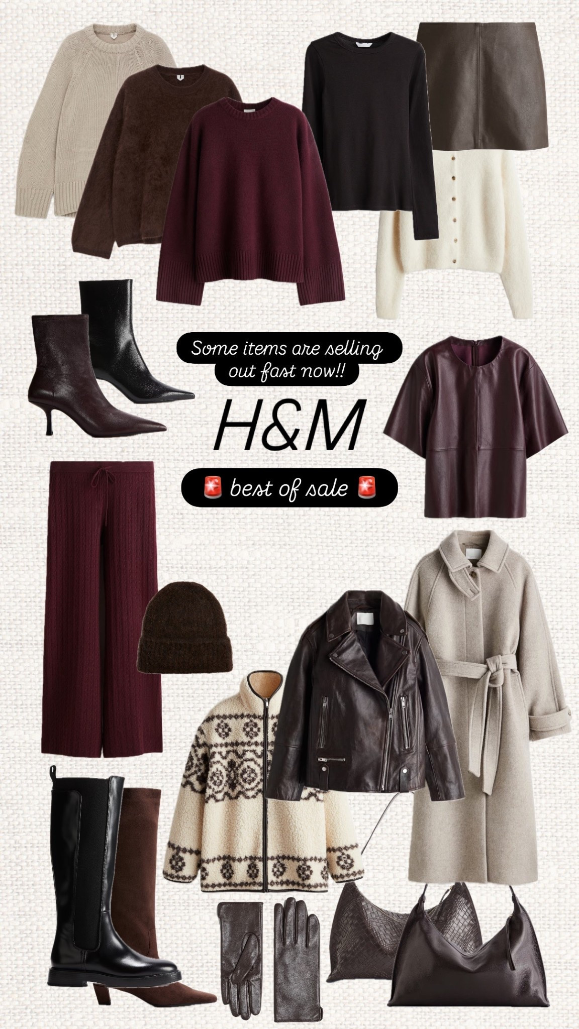 Cozy neutrals, rich burgundy tones and classic winter staples 🤎✨ some of these items are going fast! Like the beige coat is very popular!  👜❄️ Perfect pieces to build effortless winter outfits, mix textures and keep your wardrobe looking elevated 🙌🏼🤍

Like this post to save it to your favourite folder and come back later to shop.

chunky knitwear, winter coats, faux leather skirts, pointed boots, wool sweaters, ribbed trousers, burgundy outfits, cosy jackets, knit beanies, leather gloves, structured bags, everyday basics, neutral tones, fall looks, winter fashion, capsule wardrobe, H&M sale, seasonal staples, classic pieces, minimal style 

#LTKCyberWeek #LTKHoliday #LTKSaleAlert