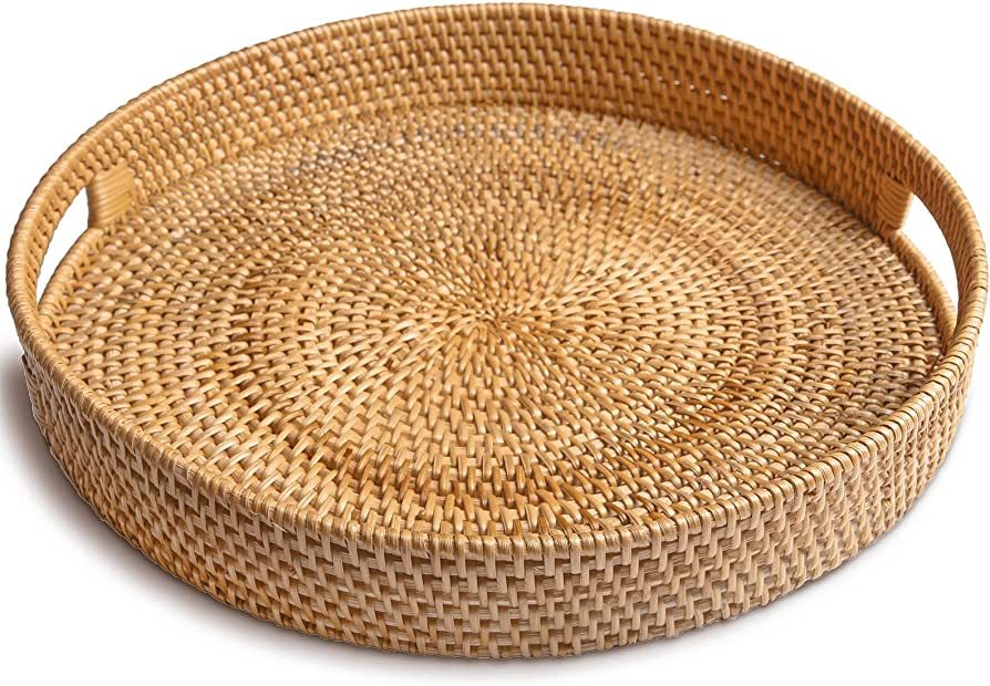 HITOMEN Hand-Woven Round Rattan Serving Tray Decorative Wicker Trays with Handles for Coffee Tabl... | Amazon (US)