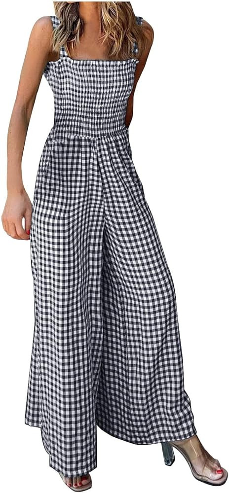 SMIDOW Sleeveless Jumpsuits For Women Elegant Sleeveless Smocked Jumpsuit Plaid Gingham Wide Leg ... | Amazon (US)