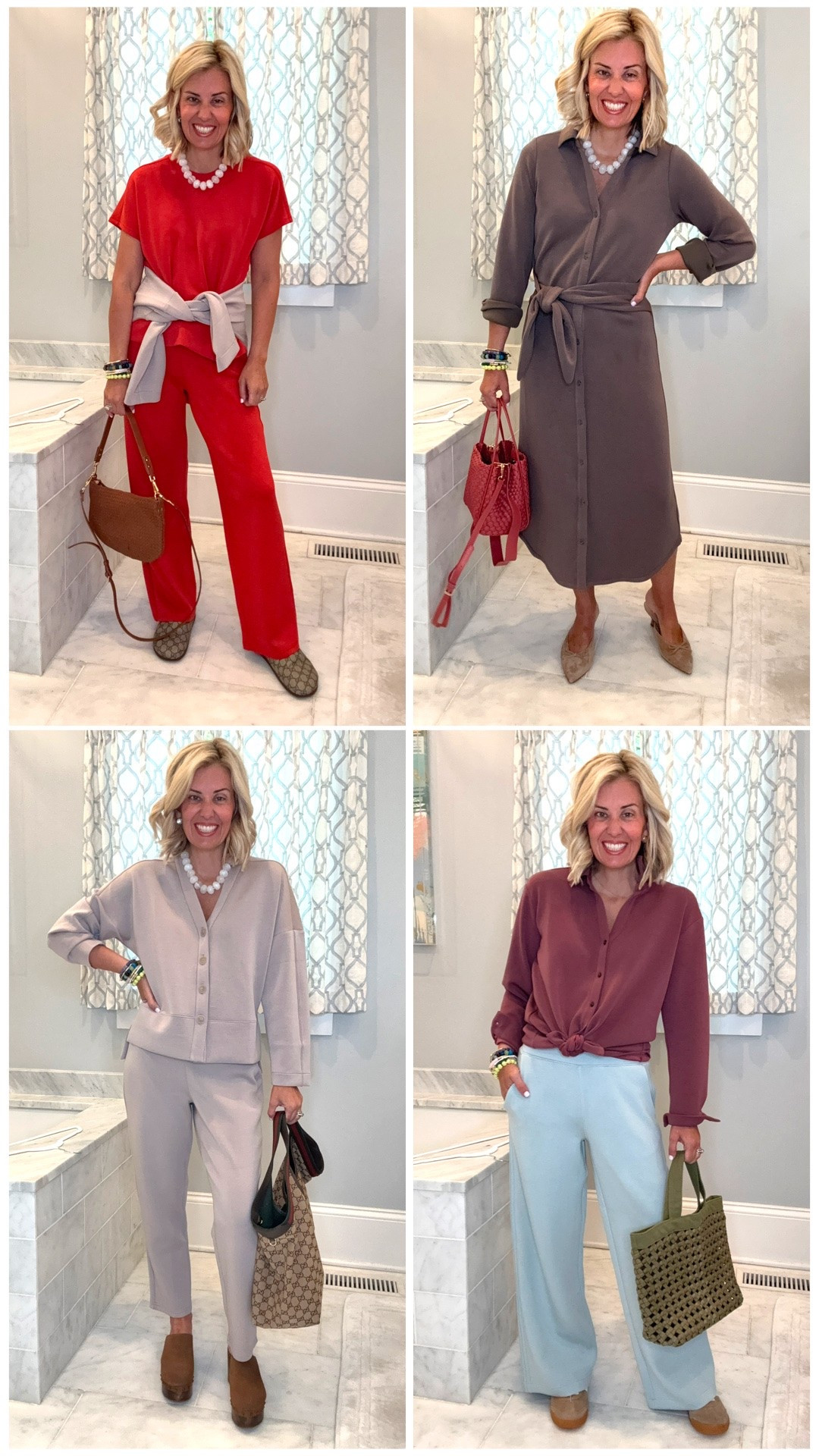 Can you even with these Spanx Air Essentials pieces?!? Truly the most versatile pieces in my closet.
Sizing:
Tops - xs
Pants- small petite 
Wrap dress - xs

*code Catherine20 at Allie + Bess
*code Catherinexspanx for 15% off 1st order + free shipping