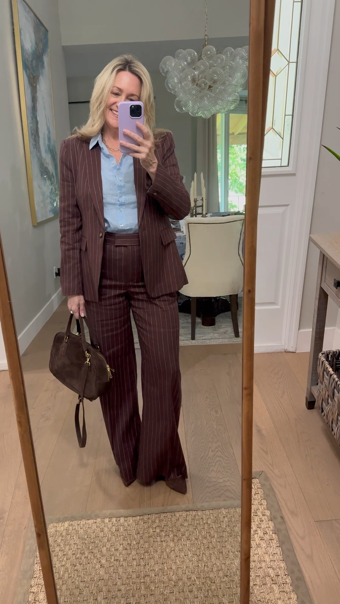 Great chocolate brown pinstriped suit!  Work outfit,

#LTKWorkwear #LTKdayinmylife #LTKOver40