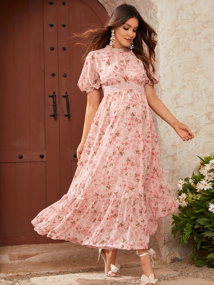 SHEIN Maternity Floral Print Guipure Lace Panel Lantern Sleeve Ruffle Hem Dress | SHEIN