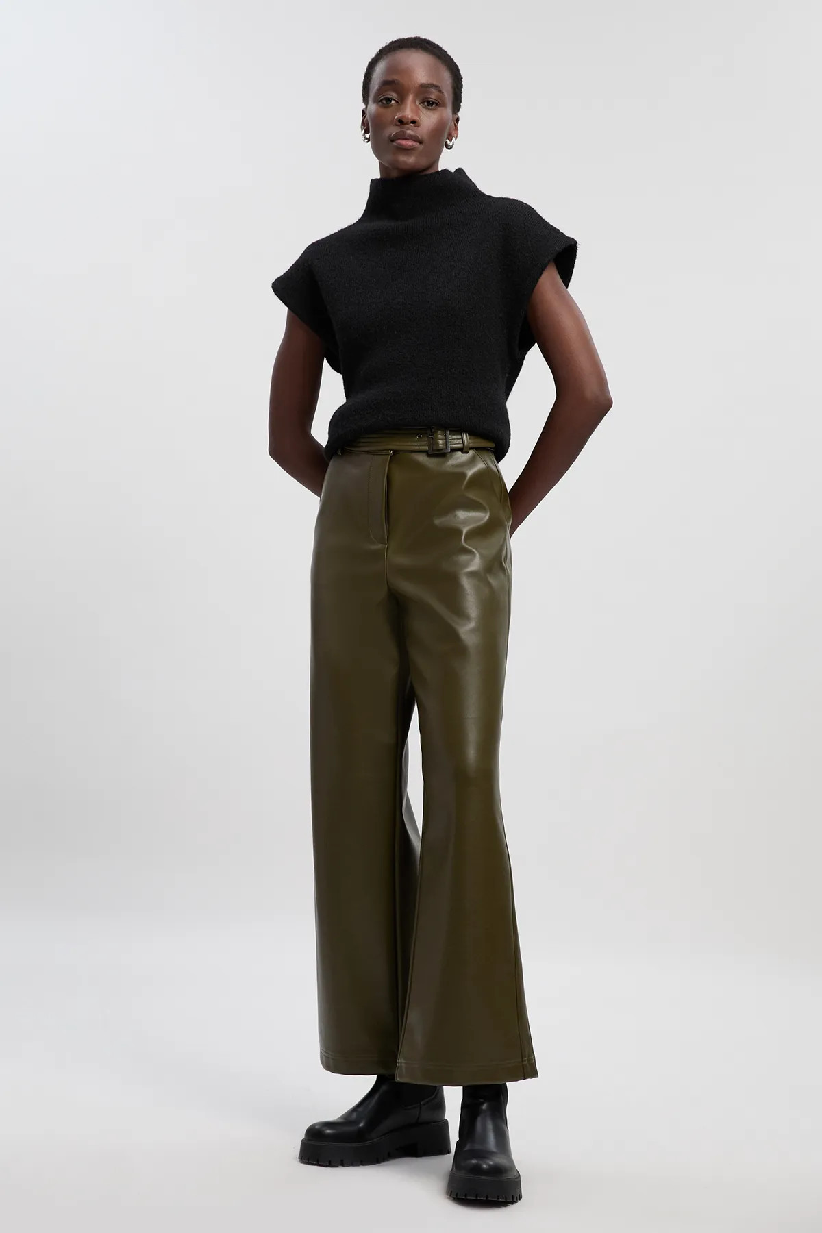 Olive Faux Leather Belt Detail Trousers | Karen Millen | Karen Millen UK + IE + DE + NL