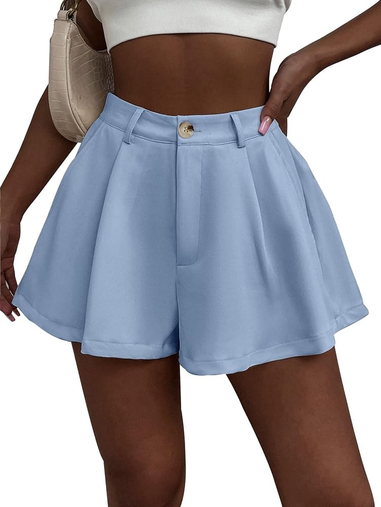Floerns Women's Solid High Waisted Wide Leg Casual Pleated Shorts with Pocket | Amazon (US)