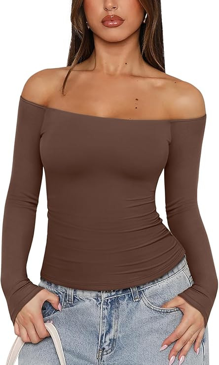 REORIA Womens Long Sleeve Off The Shoulder Tops Going Out Cute Basic Y2K Fall Fashion 2025 Outfit... | Amazon (US)