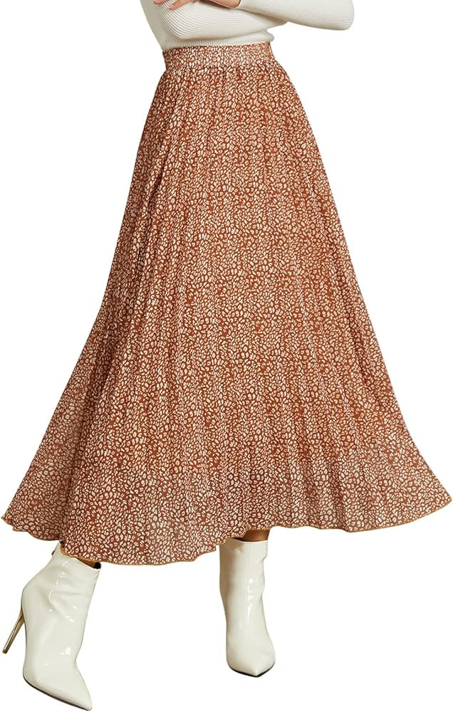 EXLURA Women's Floral Printed Chiffon Elastic High Waist Pleated Long Maxi Skirt | Amazon (US)