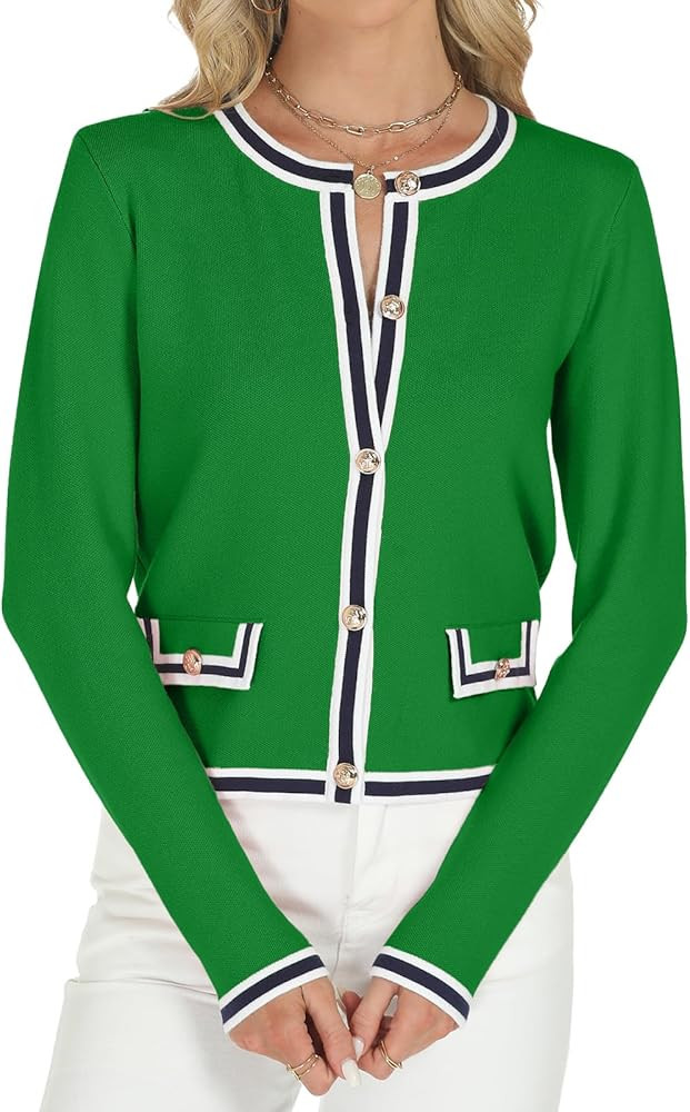 Tanou Women's 2024 Fall Crew Neck Casual Work Button Down Cardigan Sweater Knit Lady Jacket | Amazon (US)