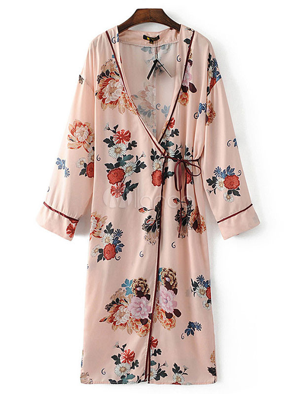 Kimono Cover Ups Floral Print Pink Beach Cover Ups | Milanoo