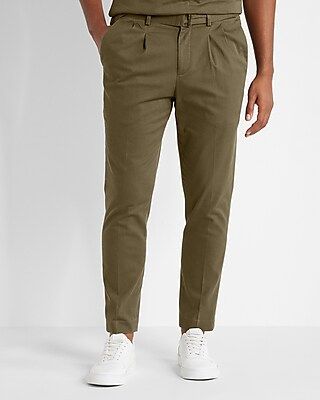 Slim Solid Green Belted Cotton Hyper Stretch Cropped Suit Pants Green Men's W31 L30 | Express