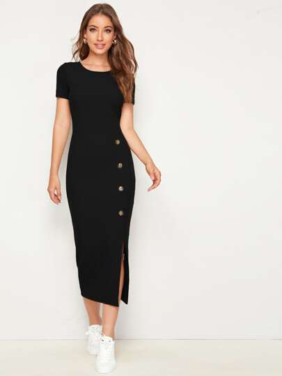 SHEIN Button Detail Rib-knit Split Hem Dress | SHEIN