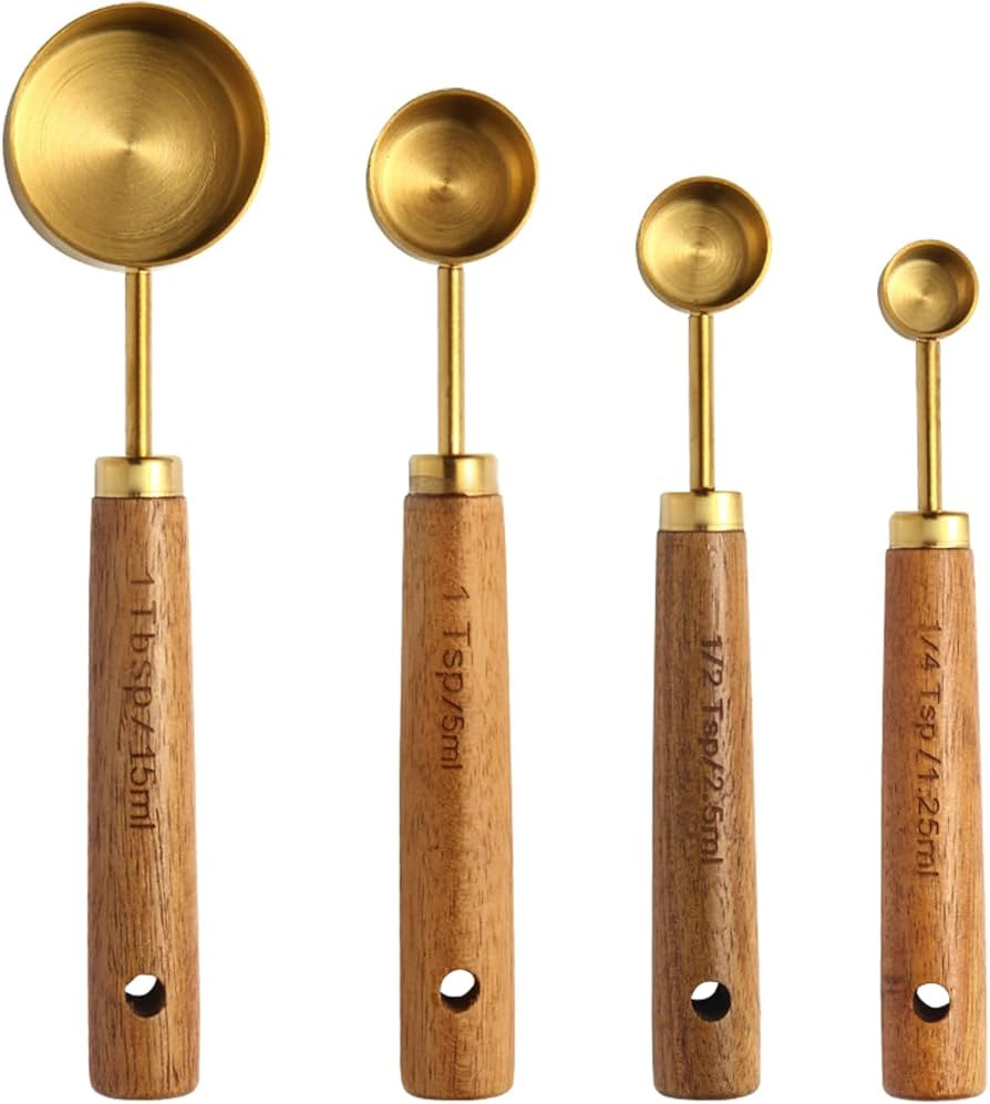 Gold Measuring Cups and Spoons Set of 4, Golden Stainless Steel Measuring Cups with Wooden Handle... | Amazon (US)