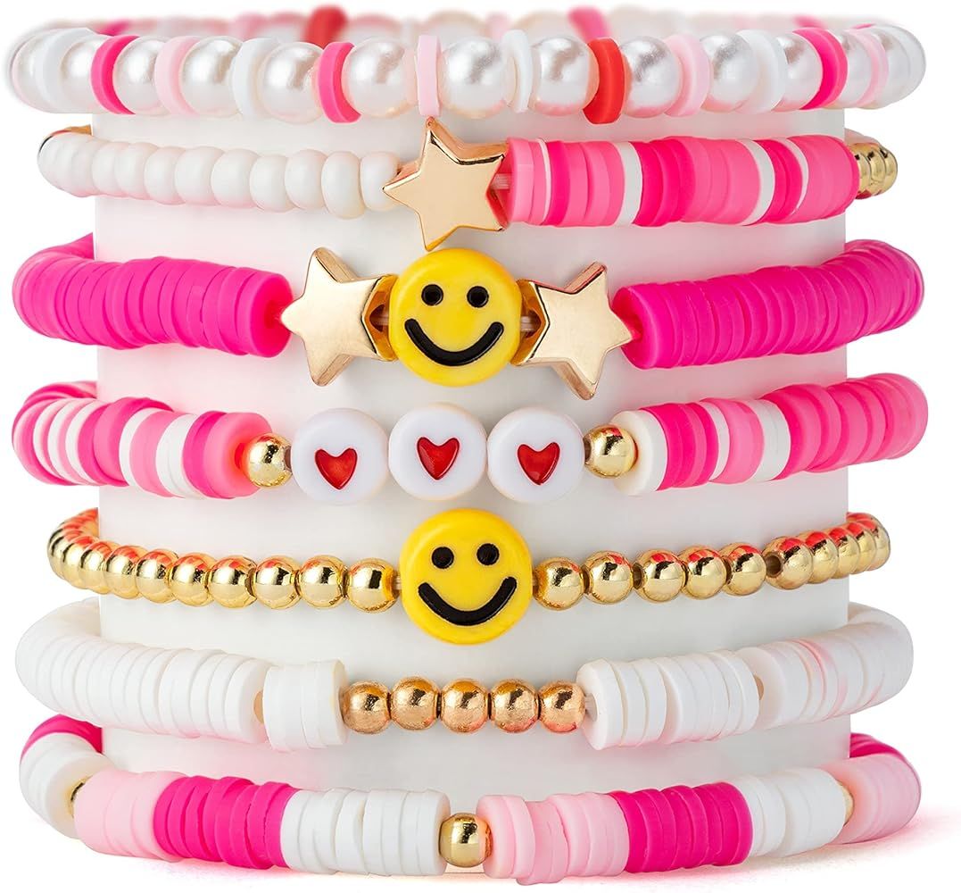 Preppy Bracelets Set Colorful White Gold Smile Heart Star Evil Eye Beaded Polymer Clay Pearl Stac... | Amazon (US)