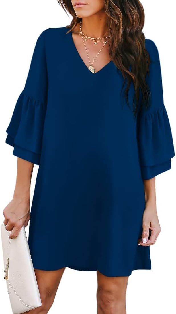 BELONGSCI Women's Dress Sweet & Cute V-Neck Bell Sleeve Shift Dress Mini Dress | Amazon (US)