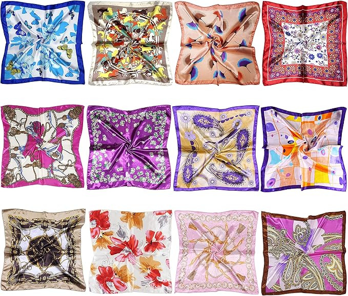 12 Set Mixed Designs Small Square Satin Womens Neck Head Scarf Scarves Bundle | Amazon (US)