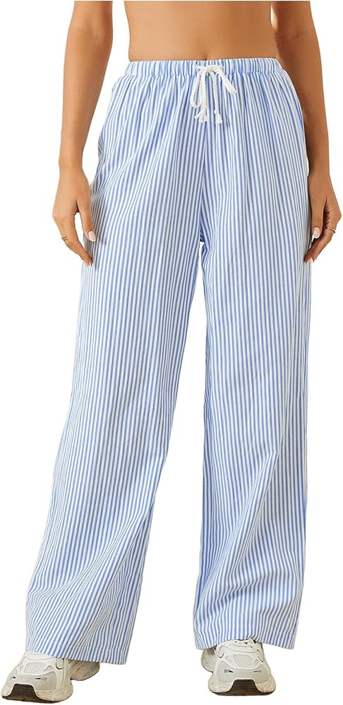 Women's Striped Print Straight Wide Leg Linen Pants Drawstring Waist Slant Pockets Pants Casual L... | Amazon (US)