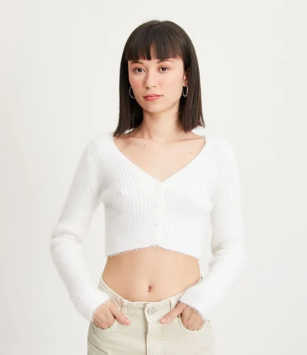 Cardigan Cropped em Tricô Canelado com Manga Longa Off White | Renner (BR)