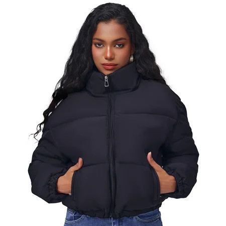 Women's Black Cropped Puffer Jacket Fashion Winter Warm Quilted Coat-Black-M | Walmart (US)